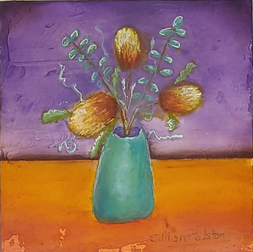 Banksias In Blue Vase - Small Original Art - Gillian Roulston - Mandi at Home