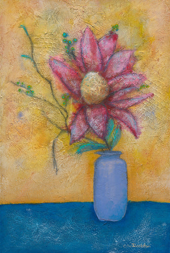 Cone Bush Flower In Blue Jar - Original Painting - Gillian Roulston - Mandi at Home