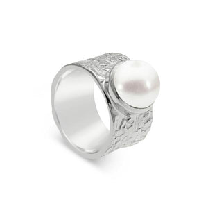 925 Sterling Silver Beaten Silver Pearl Ring - Mandi at Home